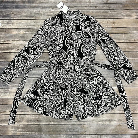 Zara Dress Black and White Floral Paisley Button Up Tie Belt Fit Flare Shirt XXL - Picture 3 of 10